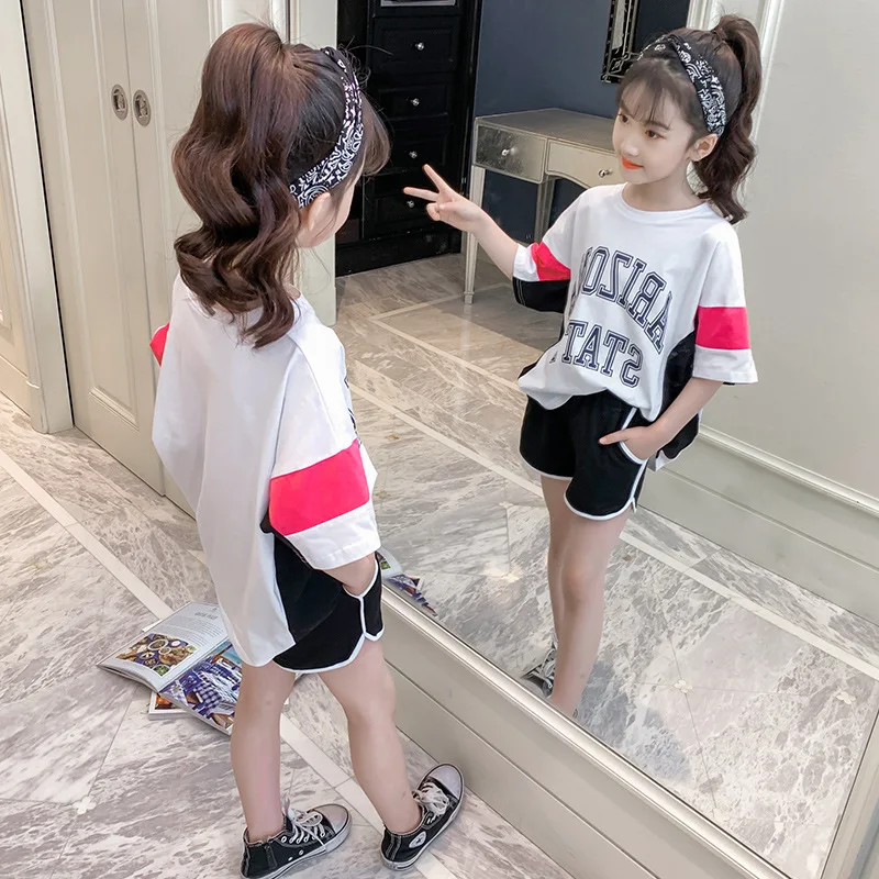 

Big size kids Summer Set girls sports short sleeves + shorts, girls summer alphabet cotton short T-shirt + cotton shorts