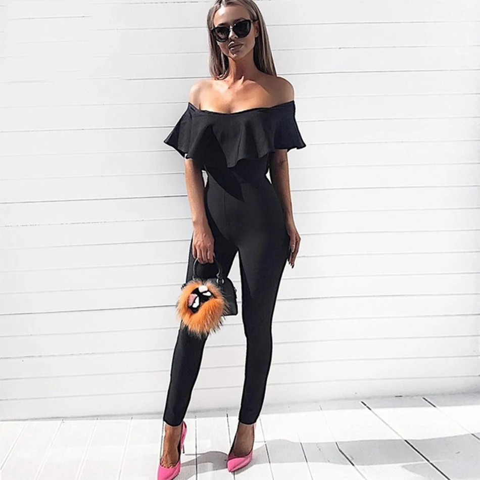 

2018 Newest Summer Bandage Jumpsuit Women Celebrity Party Short Sleeve Off Shoulder Full Length Sexy Bodysuit Women Wholesale