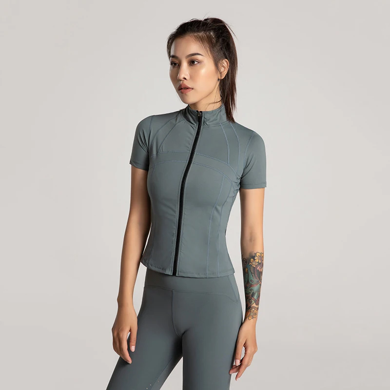 SALSPOR женский топ для йоги, тонкий кардиган на молнии с стоячим воротником, Спортивная рубашка для тренировок, занятий спортом, бега, работы - Цвет: Green