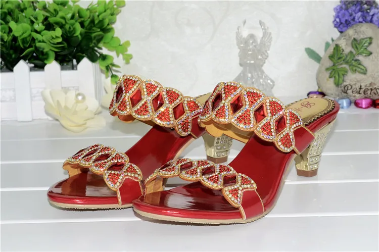 2017 Summer Womens Shoes High-heeled Slippers Sexy Sweet Diamonds Sandals Female Red 6cm-5