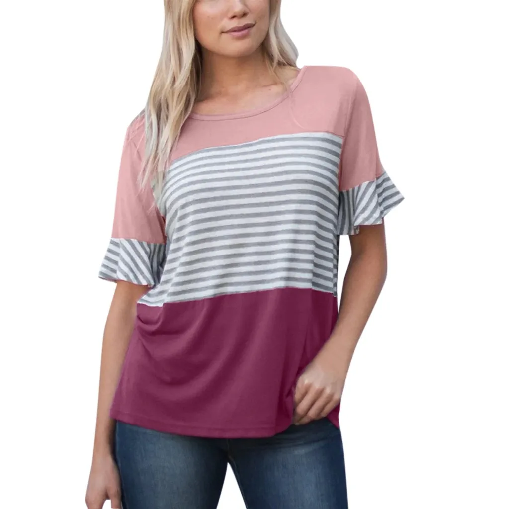 

Women Maternity Casual T-Shirt Short Sleeve Pregnant Breastfeeding Top Stripe Stitching T-Shirt Pregnancy Clothes #BL2