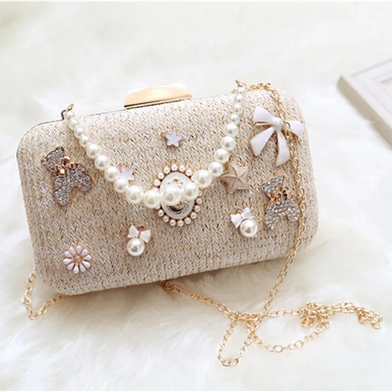 

New Style Women's Pearl Chain Evening Handbags Trend Pure-color Party hand-held and Shoulder Flaps Lady's Casual Flowers bags