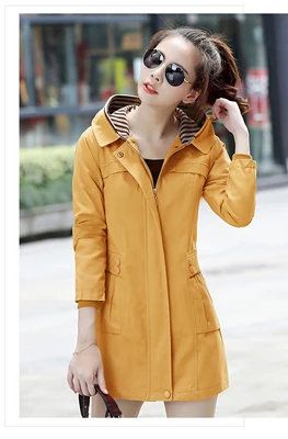 Стиль ветровка пальто весна осень Женское пальто с капюшоном корейский Тонкий длинный Тренч пальто размера плюс пальто а307 - Цвет: yellow