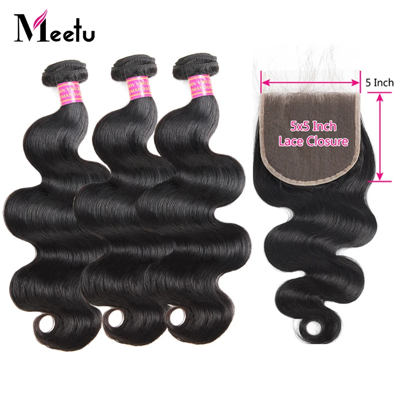 

Meetu Mongolian Body Wave Bundles with Closure Free Part 3 Bundles with Closure Non Remy Human Hair Bundles with Closure 5x5inch