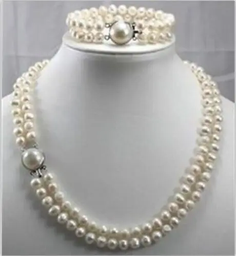 

Jewelry 00989 double strands 8-9mm south sea white pearl necklace bracelet hot