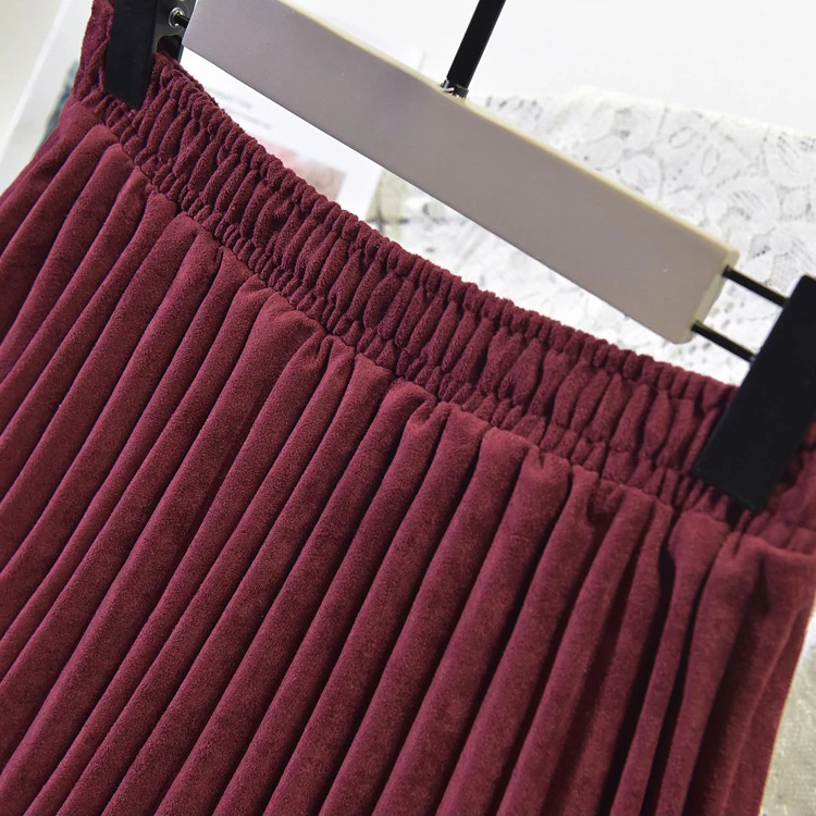 Двухслойная Женская замшевая юбка, розовая, высокая талия, длинная, плиссированная, юбки для женщин, Saias Midi Faldas, винтажная, женская, миди юбка - Цвет: Бургундия