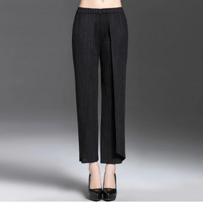 

Special Pleats Women Straight Pleated Large Size Pants Spring Summer New 2019 Women Elastic Waist Full Length Black Grey Pant
