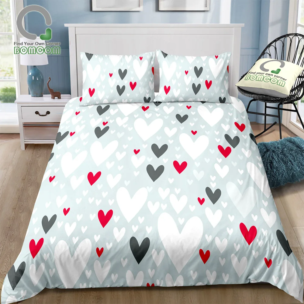 

BOMCOM 3D Digital Printing Bedding Set Decorative Hearts Valentines Day Ornamental 3-Pieces Duvet Cover Sets 100% Microfiber