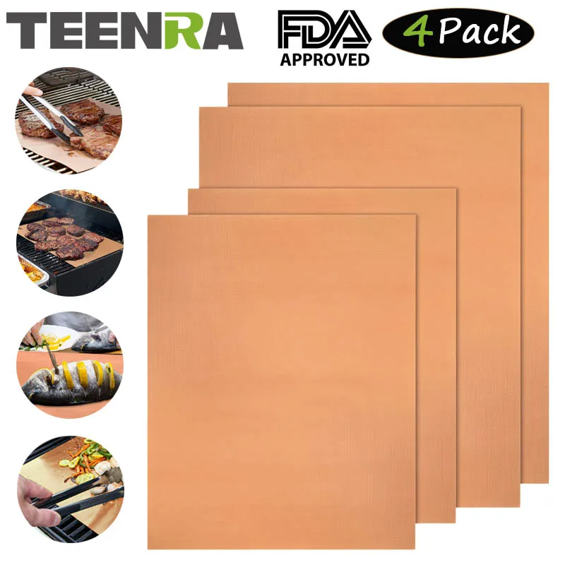 

TEENRA 4Pcs Golden Non-stick BBQ Grill Mat Barbecue Baking Liner Teflon Baking Mat Sheets Heat-resistant BBQ Mat Bakeware