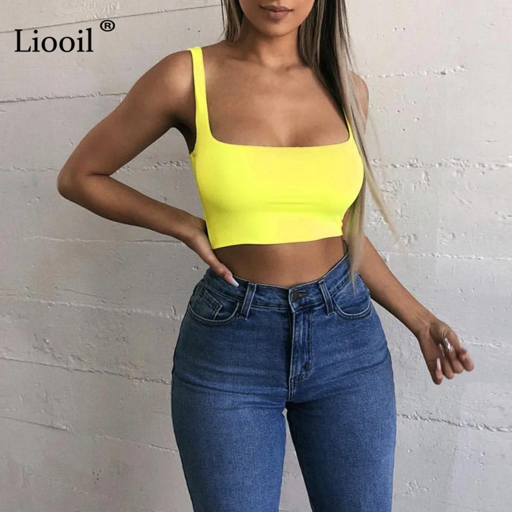 Liooil повседневное короткий топ сексуальный Bodycon безрукавки для женщин для лето модные Rave одежда без бретелек черный, белый Вечерние партии Cami Top