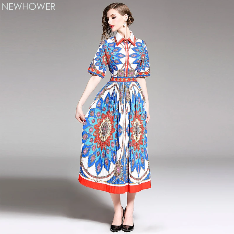 

New style Fashionable vogue Short-sleeved dress lapel retro print waist drawing with large hem for graceful quality office lady
