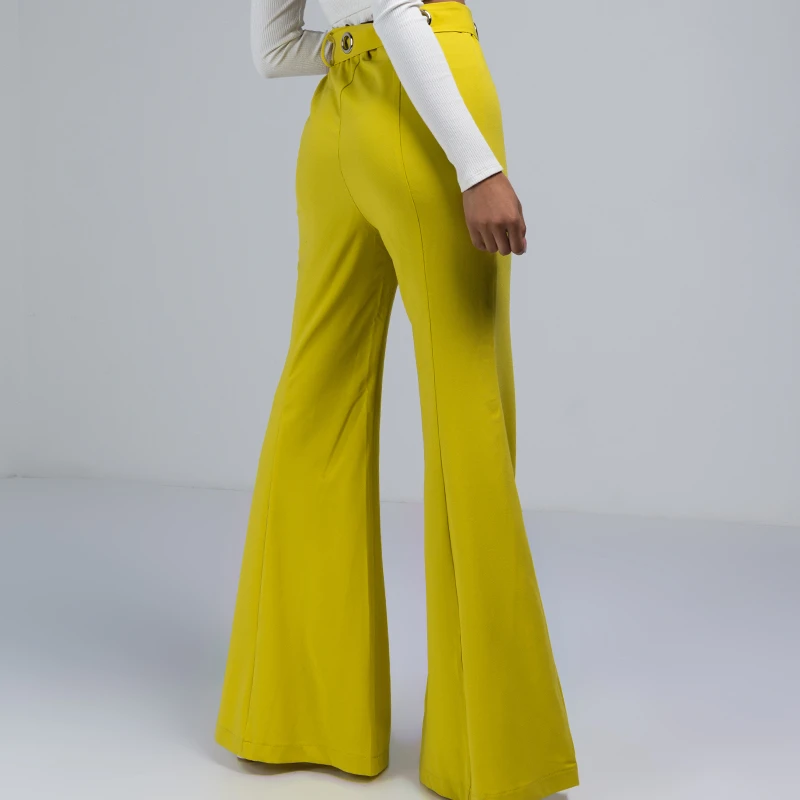 AKIRA Women's High Waist Grommet Hole Big Bow Belt Bell Bottom Wide Leg Flared Trouser Pants (3)