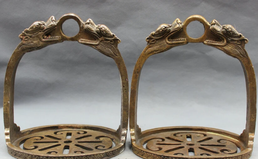 

JP S0608 Chinese Bronze Copper FengShui Dragon Head Horse Use Statue Dynasty Stirrup Pair Discount 35%