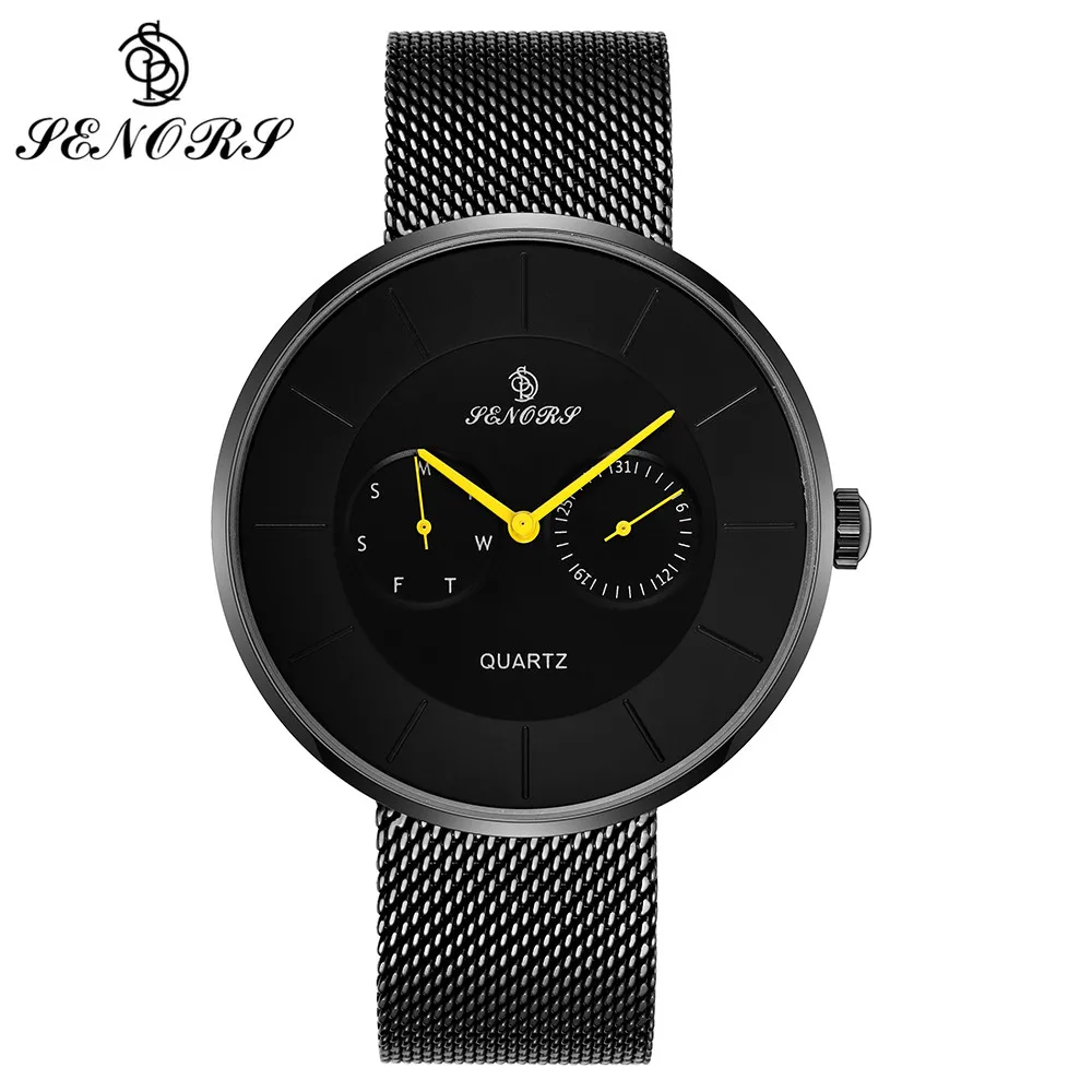

SENORS Big Face Men Watches with Calendar Sub-dial Auto Date Mesh Steel Wristwatches Simple Man's Clock Quartz Watch reloj SN074
