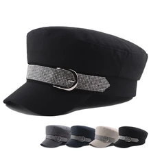 Women's Hat Flat Cap Military Cap Spring Autumn Super Flash Rhinestone Belt Buckle Flat Top Military Hats Fashion Berets Cap