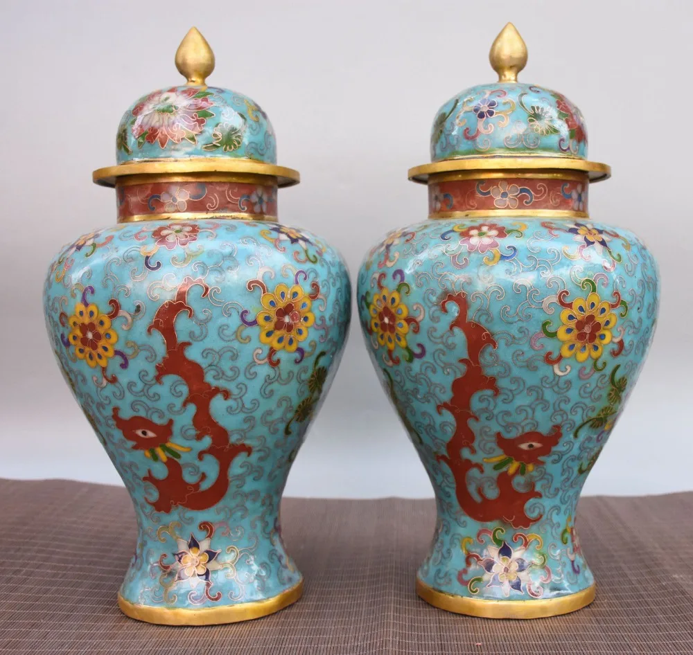 

christmas Chinese Bronze Cloisonne dragon wealth and rank flower general jar Vase Pot Pair halloween