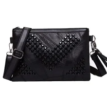 Diamond Genuine Leather Women Messenger Bag Zipper Sheepskin Small Crossbody Bag Vintage Skull Clutch Bag Ladies Purse Black