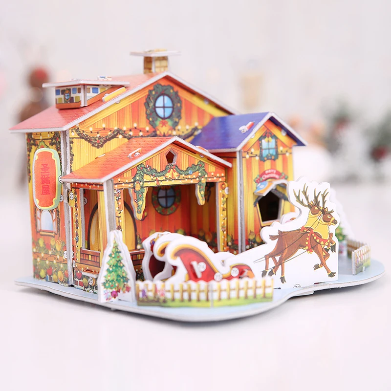 

Merry Christmas DIY 3D Puzzle House New Year Cartoon House Puzzle Christmas Decorations for Home Noel Xmas Gifts to Children