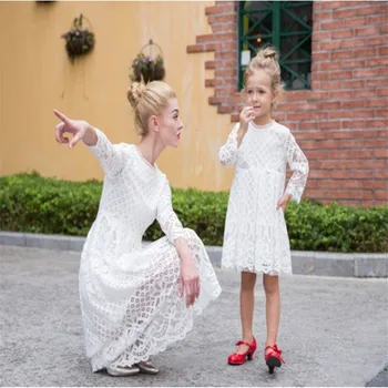 

Mother Daughter Dresses Mom Girl Wedding White Black Dress Party Outfits for Women Mommy and Me Matching Clothes Lace Clothing