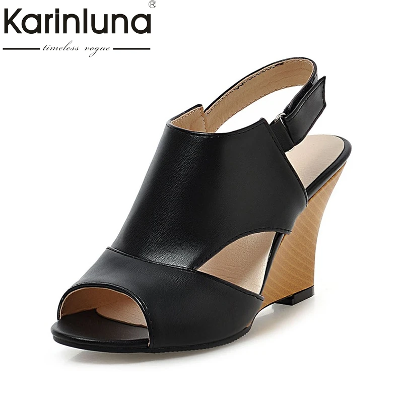 

Karinluna 2019 Hot Sale Peep Toe Wedge high-heeled Back Strap Women Shoes Woman Summer Sandals shoes Fashion Large Size 34-43