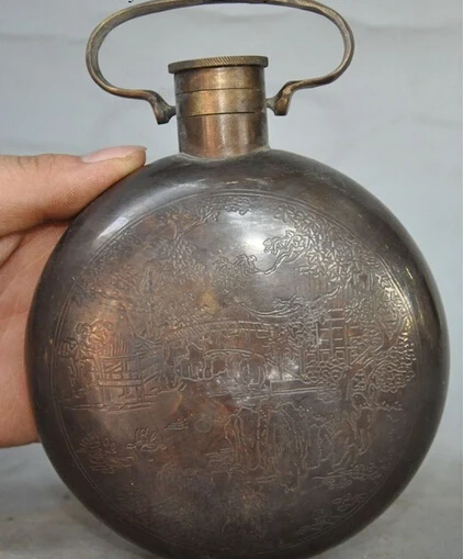 

huij 007446 chinese pure bronze Carved Depict god People Immortal Crane Flagon Wine vessel