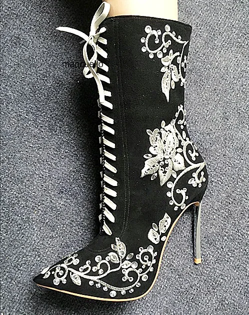 Unique Design Black Suede Metal Thin High Heel Short Boots Fancy Women Embroidered Flower Stick Crystal Ankle Boots LaceUp Shoes