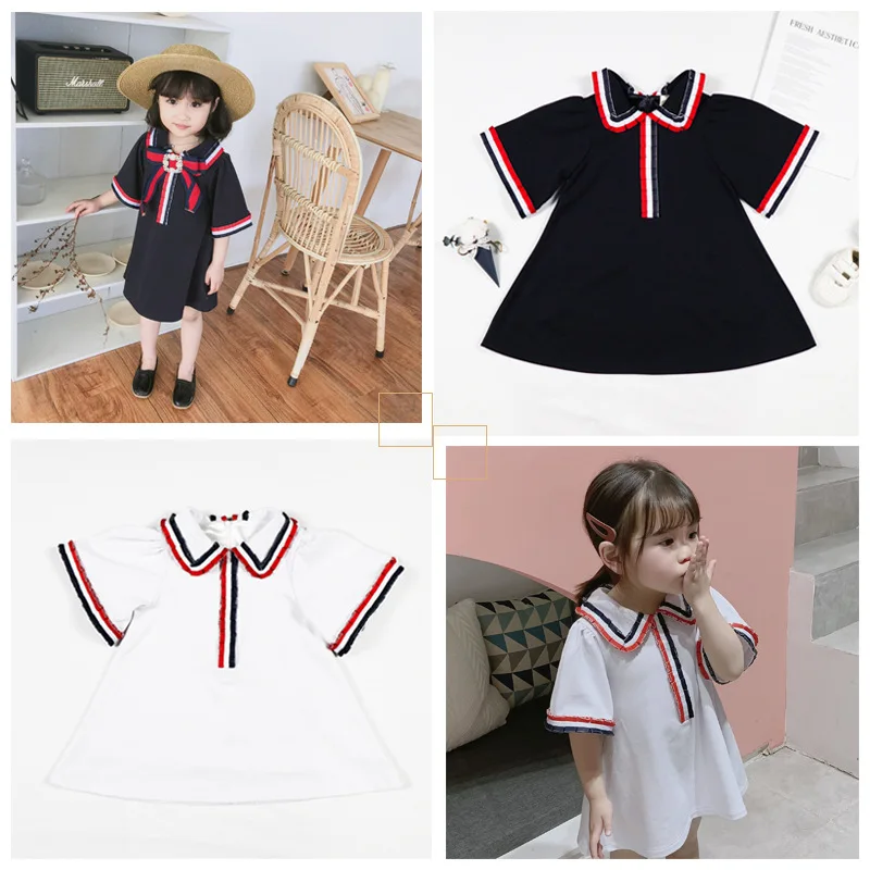 

2019 Spring and Summer Girls Baby Stitching Pleated Side Dress Turn-down Collar Loose Half Sleeve Princess Dress