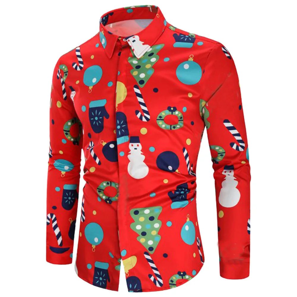 

JAYCOSIN Hot Sale New Arrival Men Autumn Winter Warm Shirt Snowflakes Santa Candy Printed Christmas Long Sleeve Casual Blouse