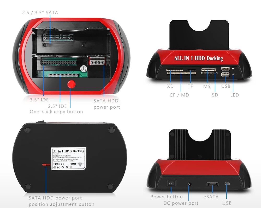 Все в одном Dual Bay 2,5 дюймов 3,5 дюймов HDD док-станция eSATA USB 2,0 для IDE SATA жесткий диск OTB резервная док-станция с кардридером