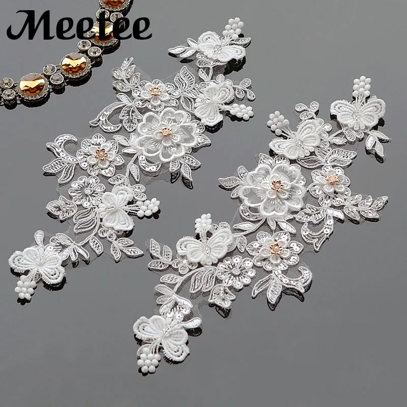2X new Beaded Lace Appliques Flower Rhinestones Sequins Lace Trims
