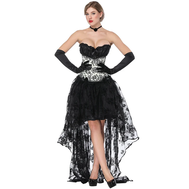 Белый и черный цветочный узор сексуальный корсетт для женщин Готический корсет платье винтажная одежда для бурлеска Викторианский стимпанк костюм - Цвет: Corse And Skirt Set