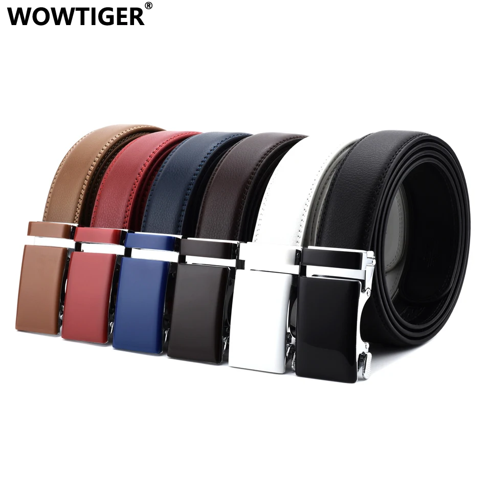 

WOWTIGER black white red blue Khaki Cowhide Genuine Leather 3.5cm width Belts For Men Male Luxury Automatic buckle men belt