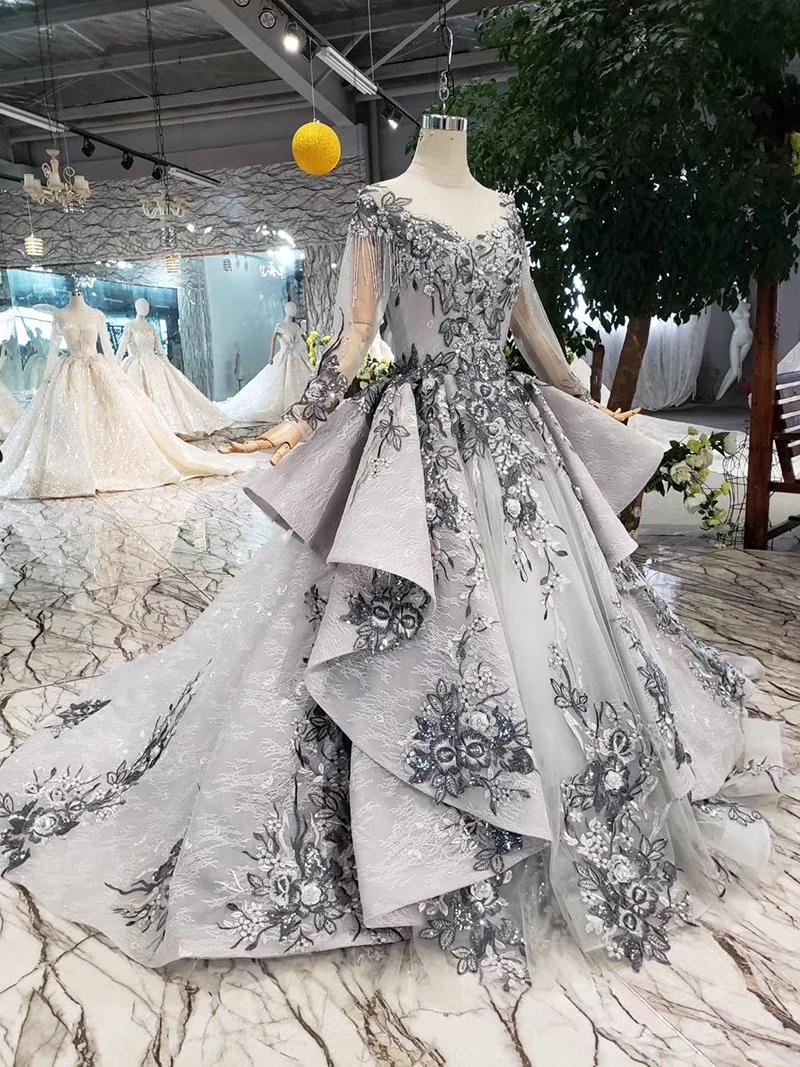 HTL319B Grey evening dresses long for women o-neck long sleeves lace up muslim formal prom dress with train promotion discount