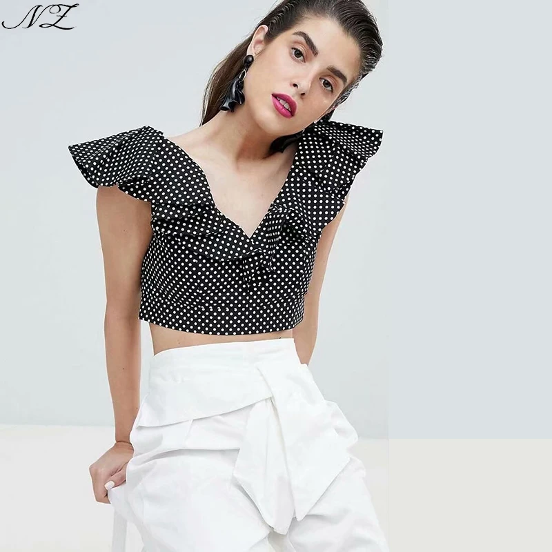 NZ Polka Dot Print Women Crop Top V neck Rufffles Cute Short Blouse