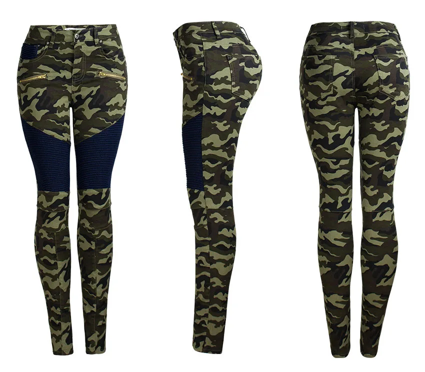 Motorcycle trousers for women stretch trim camouflage printed trousers with denim pencil trousers (12)