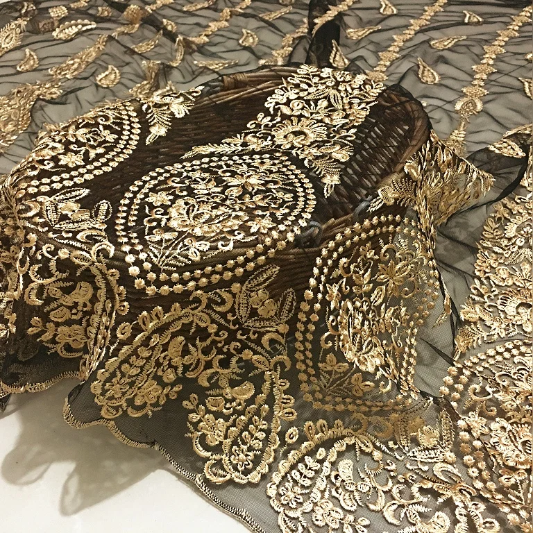 1 метр Золотая Цветочная вышивка кружевная отделка ткань для женщин Свадебное платье французское Африканское украшение кружевная отделка Пришивные аксессуары