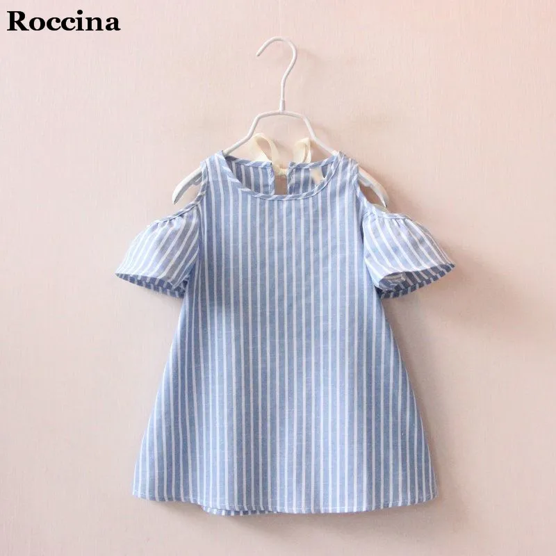 

2017 New Summer Girl Dress Strapless Blue Stripe Children Dress Baby Girls Clothing Baby Dress Cotton Casual Short Kids Clothing