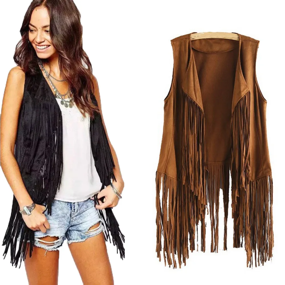 

Women Autumn 2019 Winter Suede Ethnic Sleeveless solid fashion Tassels Fringed Vest Cardigan chaquetas mujer invierno black