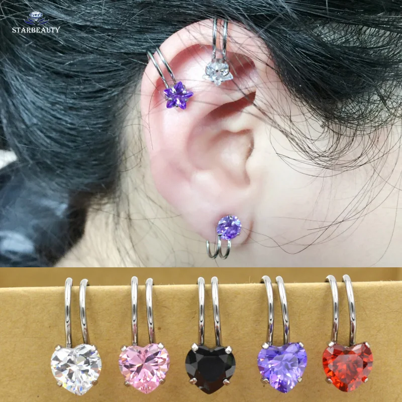 

2Pcs 1.2*6mm Surgical Steel &Heart Zircon Gem Ear Cuff Clip Women Men Fake Piercing Dilatations False ear piercing body jewelry
