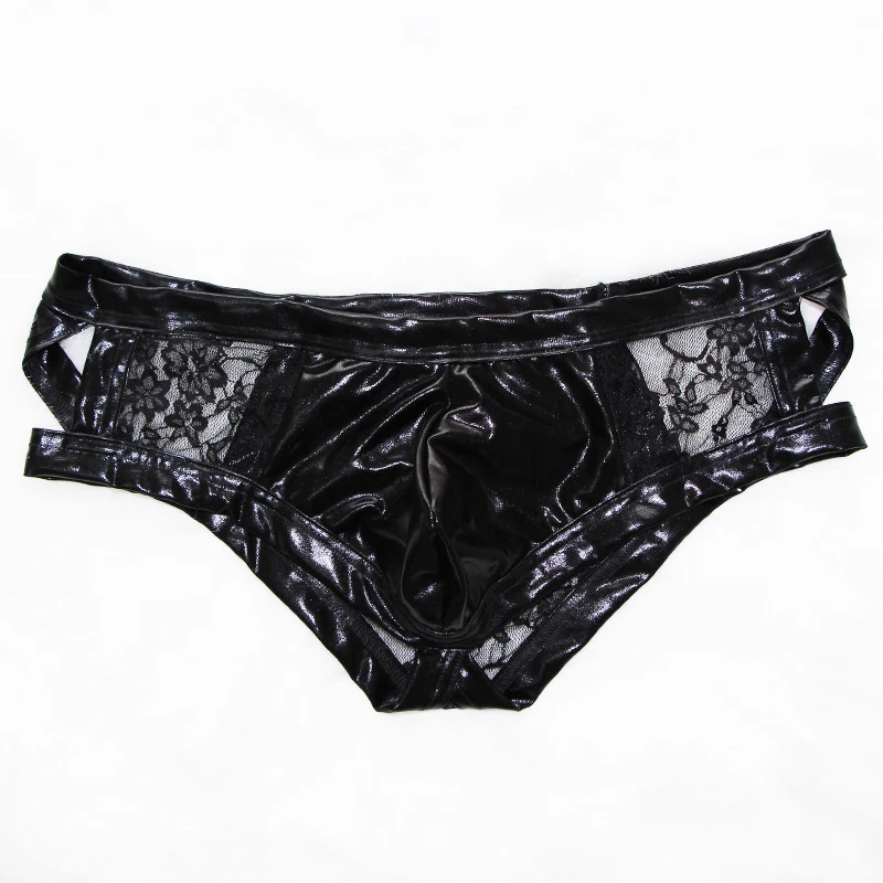 Men Vinyl Underwear Lingerie Sexy Low Waist Lace Patchwork Briefs Underpants Breathable Erotic Fetish Mens Sex Leather Briefs