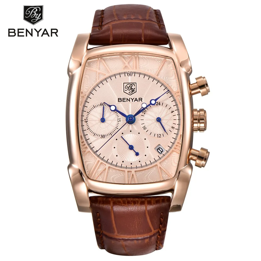 

BENYAR Chronograph Fashion Leather Quartz Watch Mens Square Business Sport Watches Top Brand Luxury Male Clock Relogio Masculino