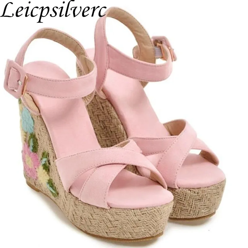 

The new summer summer sandals women high-heeled shoes straw embroidery wedges suede buckle platform casual shoes