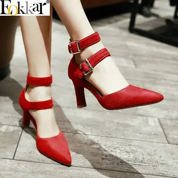 

Eokkar 2019 High Heels Women Shoes Flock Women Pumps Buckle Strap Pointed Toe Wedding Shoes Square Heels Ladies Pumps Size 34-43