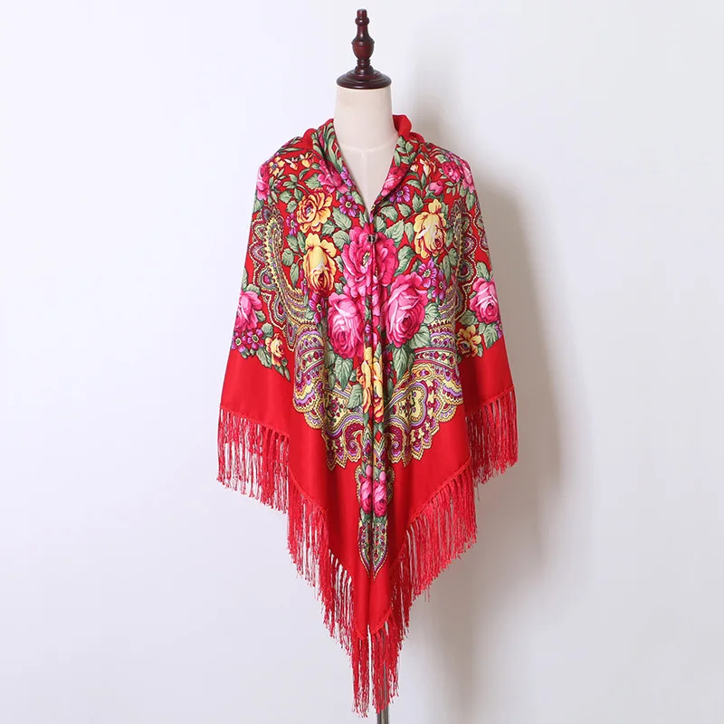 

Red Women Printing Russia Style National Designs With Four Sides Tassel Large Squar Shawl Scarf Oversize Wrap 160CM*160CM 03