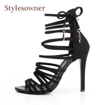 

Black Suede Narrow Band Women Sandals Shoes Cross Tied 11cm Stilettos Heels Sexy Ladies Pumps Nightclub Sandals Shoes