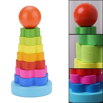 

1Pc Baby Kid Education Wooden Toy Stacking Nest Learning Stack Up Rainbow Tower Ring HBB