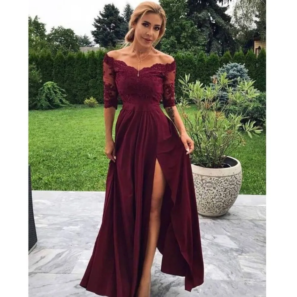  Burgundy  A Line Prom  Dress  Half Sleeves Lace V Neck High 