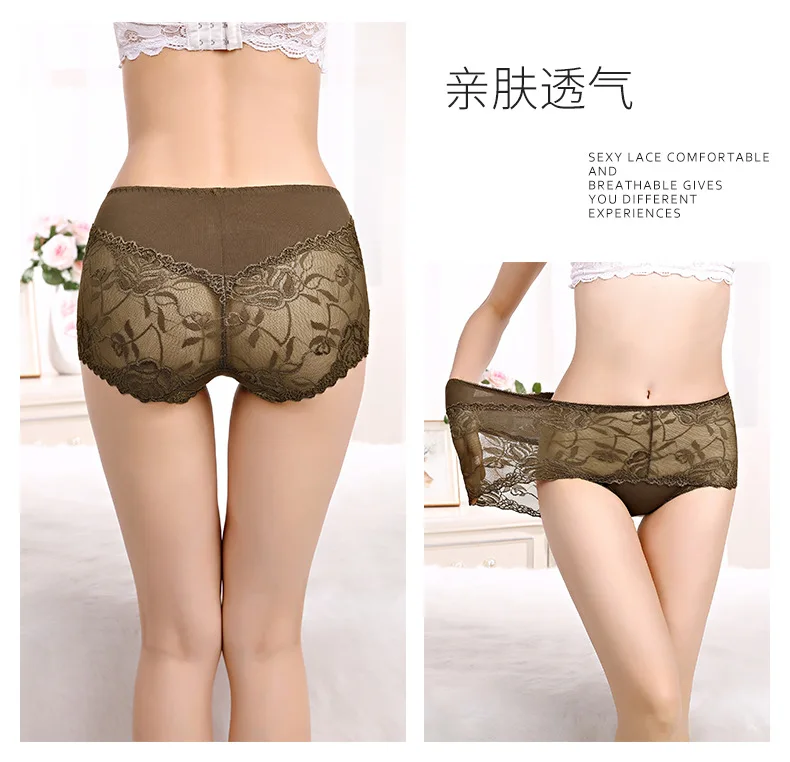 Women Sexy Lace Ruffles Panties Modal Seamless Solid Underwear Silk Cotton Lingerie Transparent Mid-rise Briefs Ladies Big Size