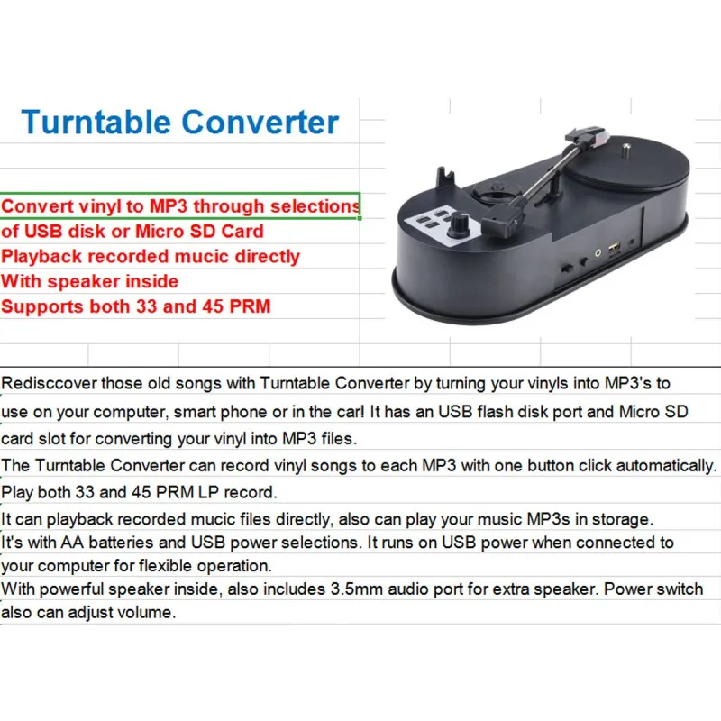 Мини MP3 конвертер Ezcap613P 33/45 об/мин Виниловый проигрыватель поворотные столы для того, чтобы сохранить музыкальный USB флеш-накопитель/SD карты Встроенный динамик