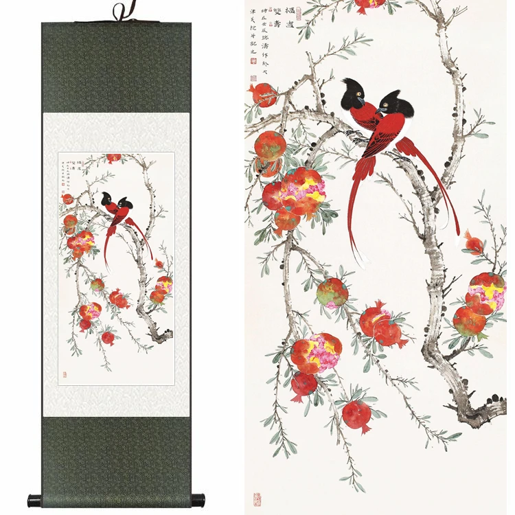 

Chinese Silk watercolor pomegranate two red birds ink art print feng shui canvas wall picture damask framed scroll painting